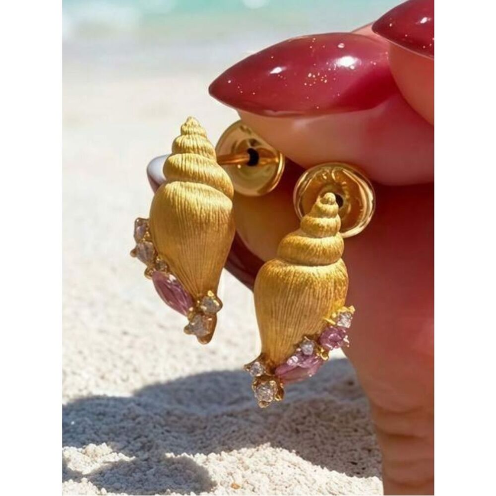 Gold Shell Earrings Pink R636 - Picture 3 of 3
